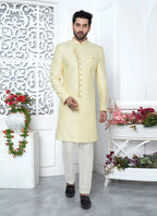 Raivat Ethnic Mens Art Silk Thread Work Indo Western In Yellow Colour | Grocsy