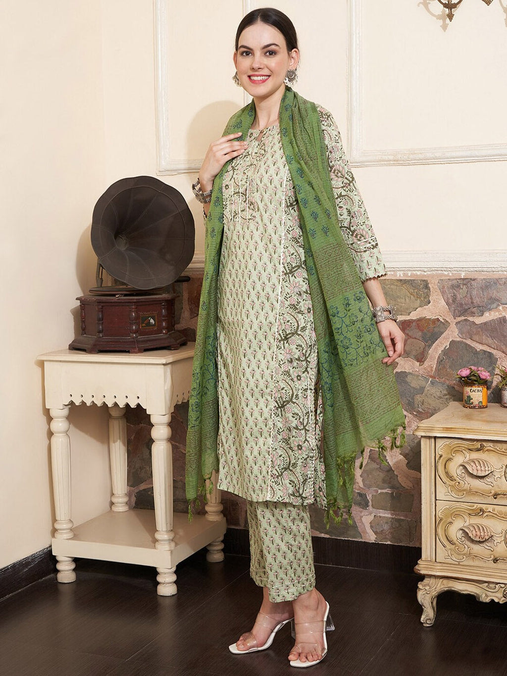 Sangria Floral Printed Gotta Patti Pure Cotton Straight Kurta With Trousers & With Dupatta | Grocsy