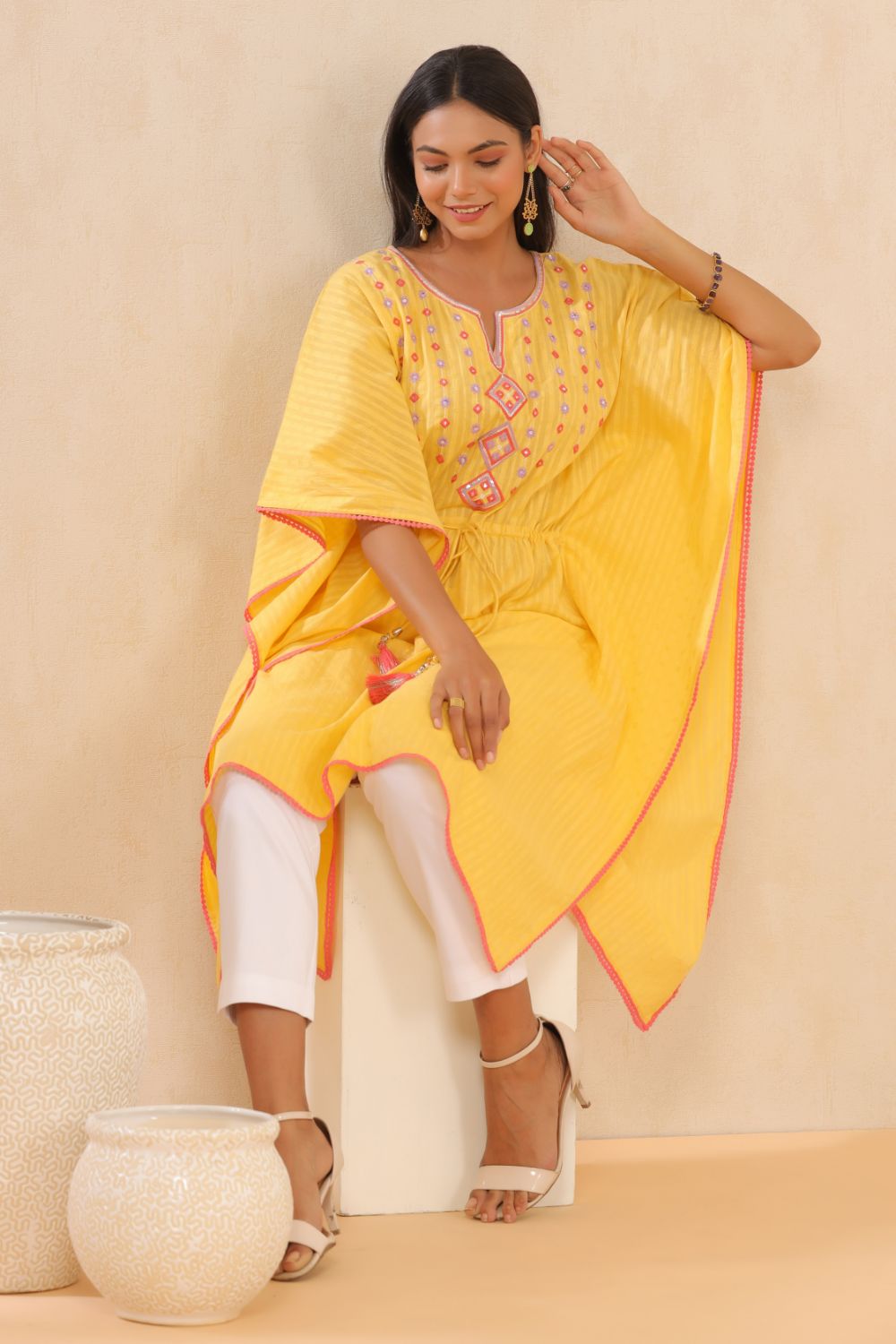 Juniper Womens Yellow Cotton Dobby Embroiderd Kaftan Kurta | Grocsy