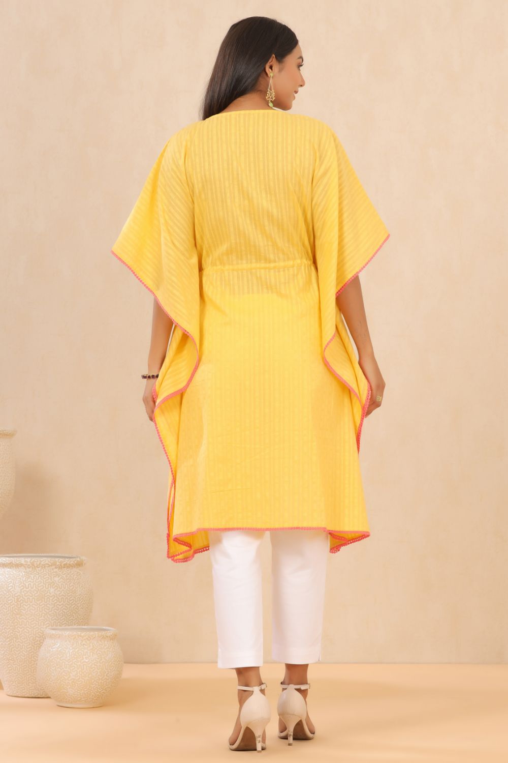 Juniper Womens Yellow Cotton Dobby Embroiderd Kaftan Kurta | Grocsy