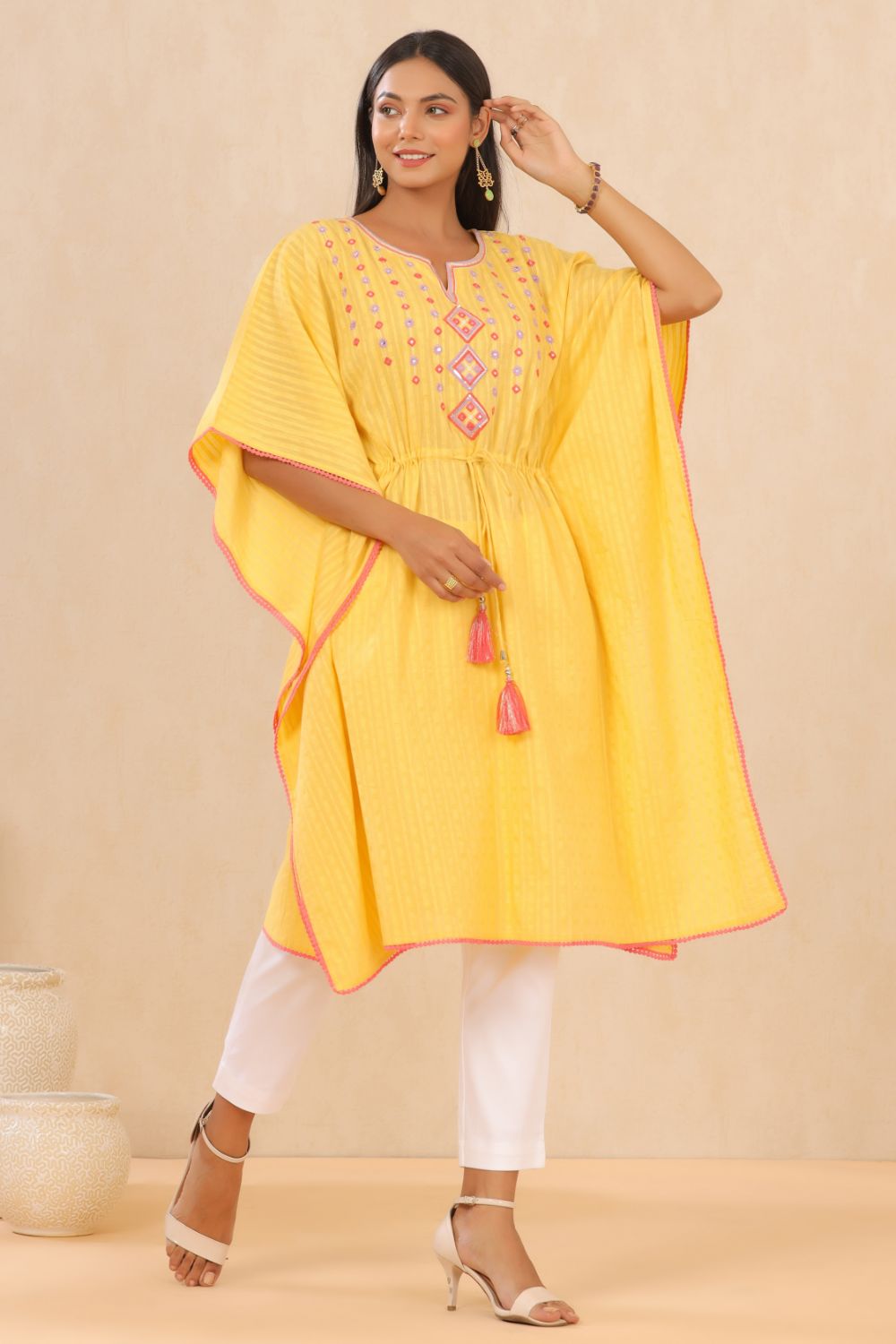 Juniper Womens Yellow Cotton Dobby Embroiderd Kaftan Kurta | Grocsy