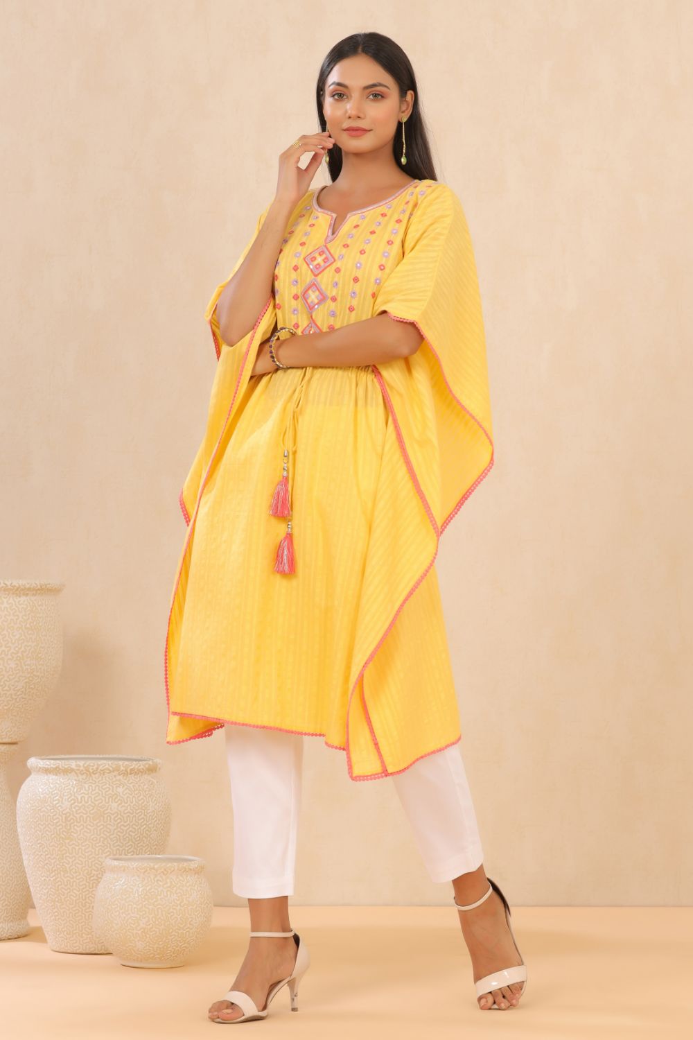 Juniper Womens Yellow Cotton Dobby Embroiderd Kaftan Kurta | Grocsy