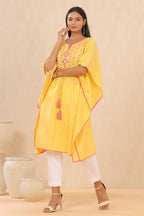 Juniper Womens Yellow Cotton Dobby Embroiderd Kaftan Kurta | Grocsy