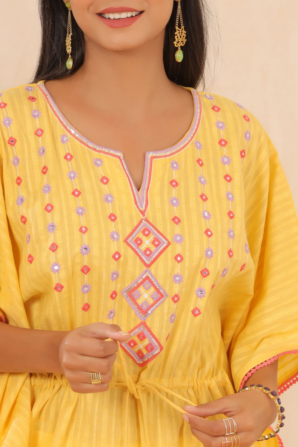 Juniper Womens Yellow Cotton Dobby Embroiderd Kaftan Kurta | Grocsy
