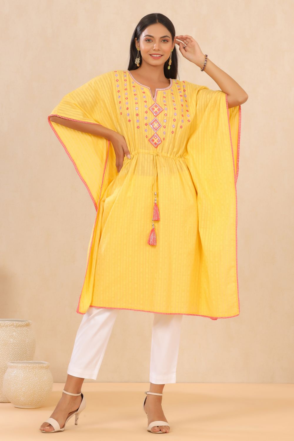 Juniper Womens Yellow Cotton Dobby Embroiderd Kaftan Kurta | Grocsy