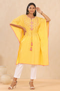 Juniper Womens Yellow Cotton Dobby Embroiderd Kaftan Kurta | Grocsy