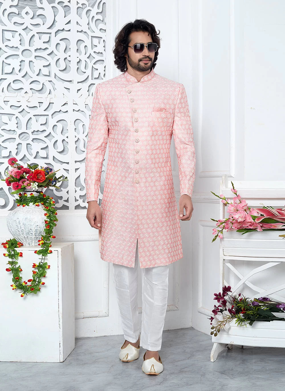 Raivat Ethnic Mens Art Silk Thread Work Indo Western In Pink Colour | Grocsy