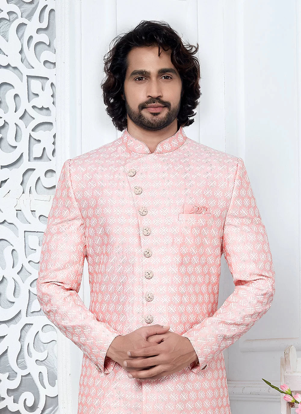 Raivat Ethnic Mens Art Silk Thread Work Indo Western In Pink Colour | Grocsy
