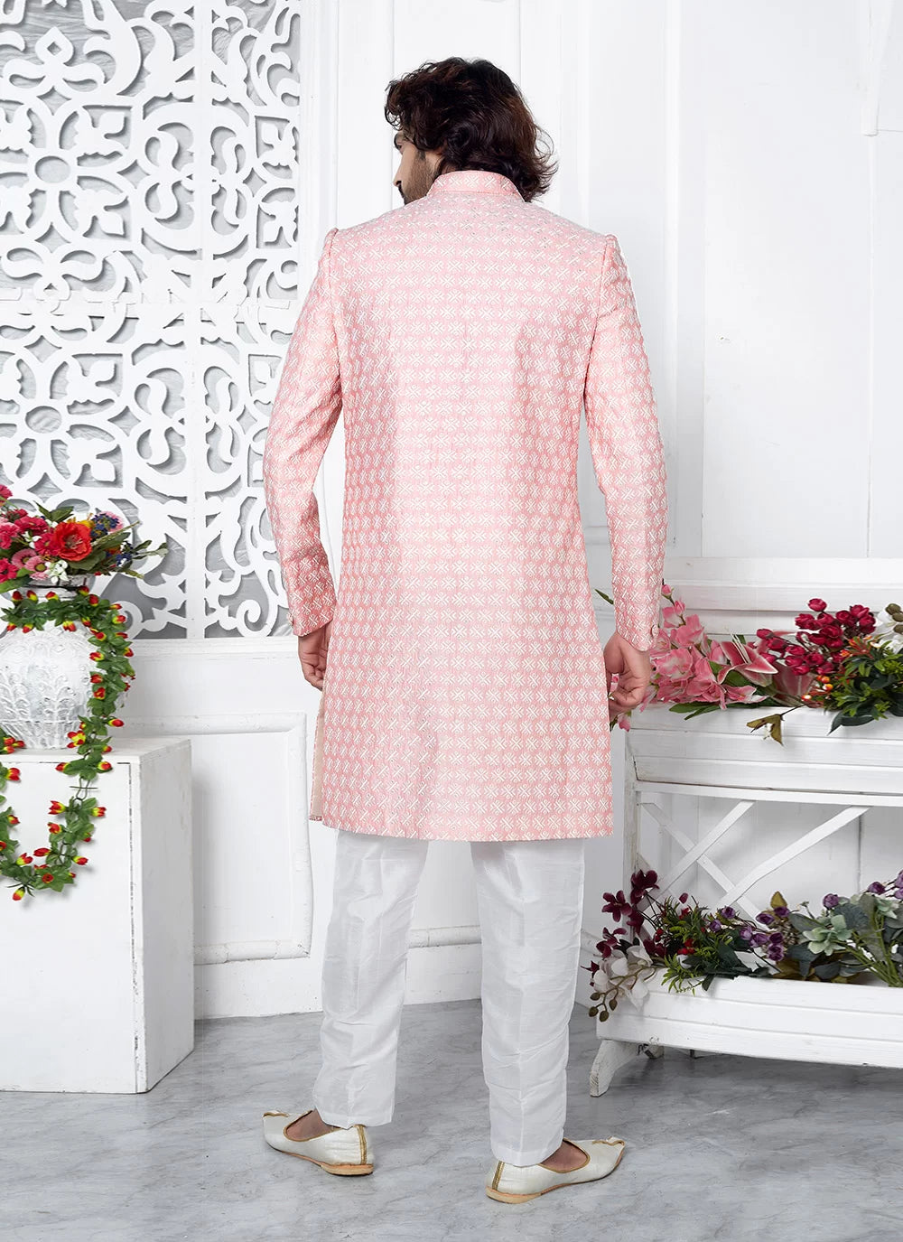 Raivat Ethnic Mens Art Silk Thread Work Indo Western In Pink Colour | Grocsy