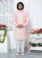 Raivat Ethnic Mens Art Silk Thread Work Indo Western In Pink Colour | Grocsy