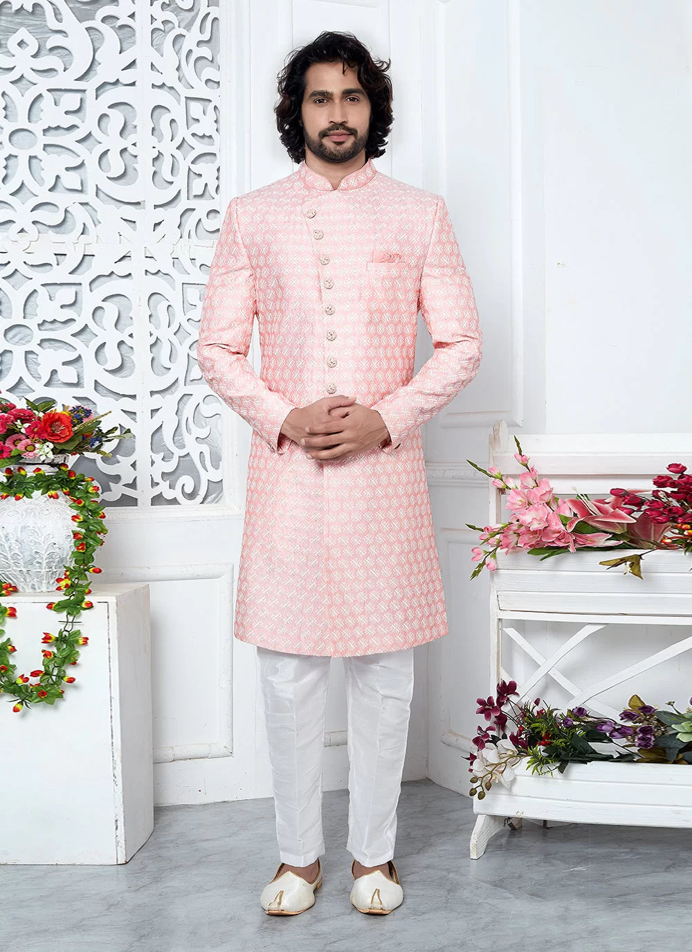 Raivat Ethnic Mens Art Silk Thread Work Indo Western In Pink Colour | Grocsy