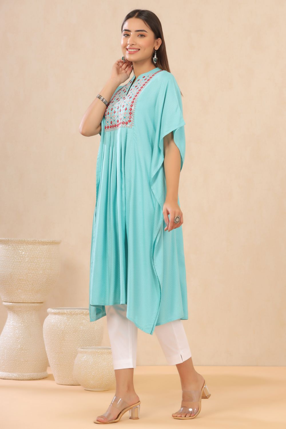 Juniper Womens Skyblue Embroiderd Rayon Dobby Kaftan | Grocsy