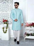 Raivat Ethnic Mens Art Silk Thread Work Indo Western In Blue Colour | Grocsy