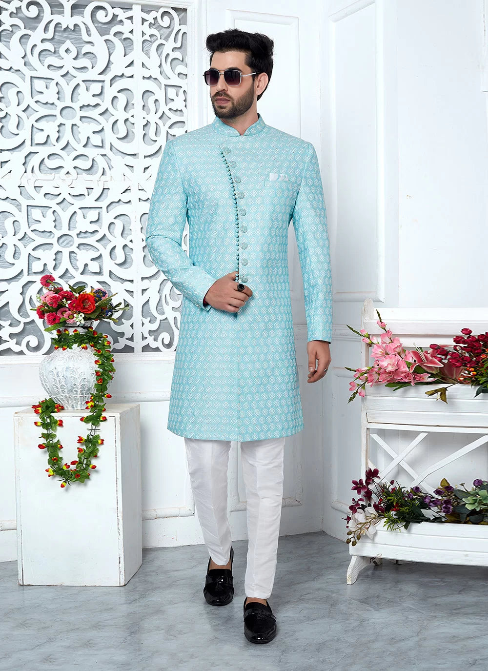 Raivat Ethnic Mens Art Silk Thread Work Indo Western In Blue Colour | Grocsy