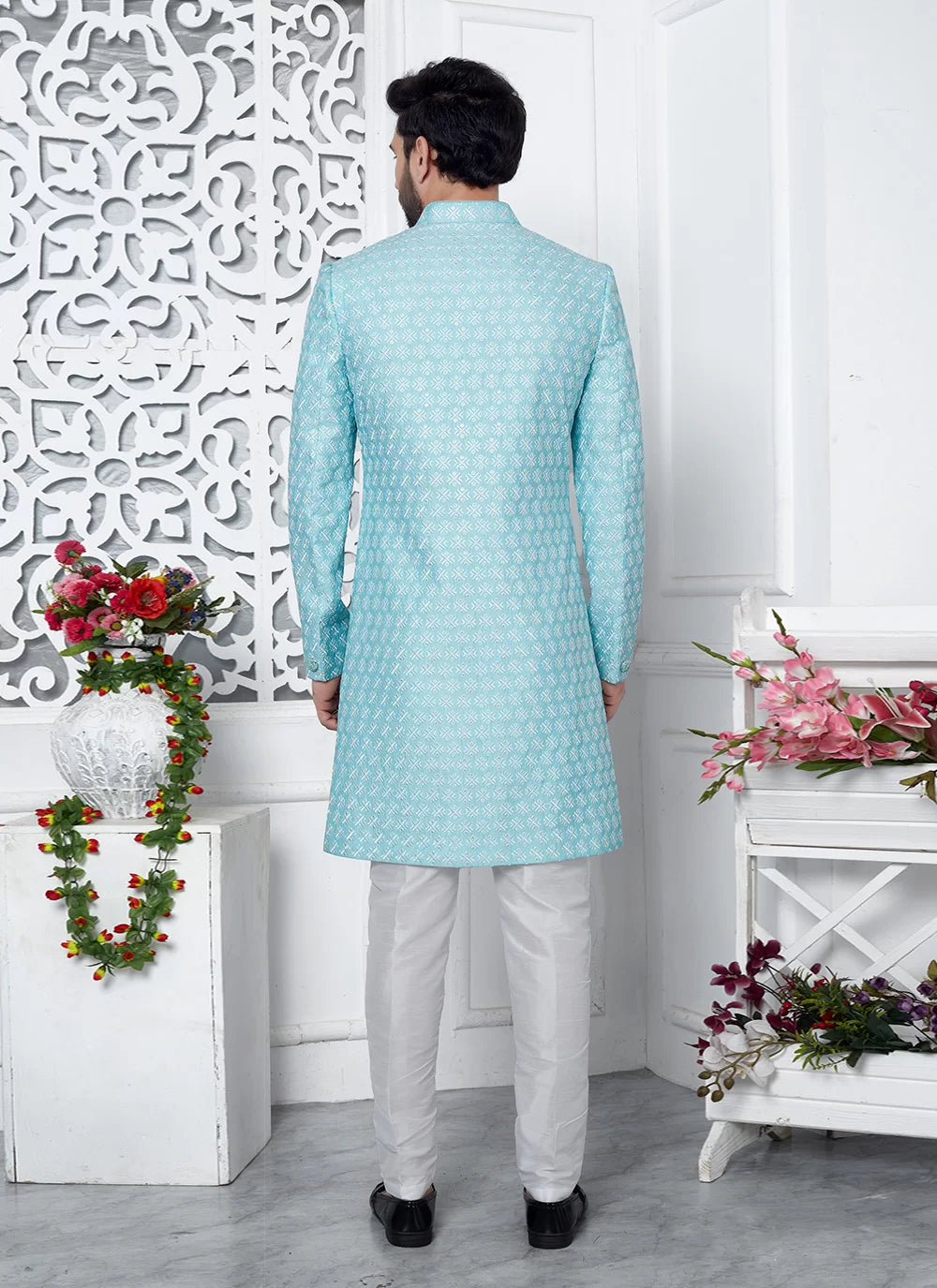Raivat Ethnic Mens Art Silk Thread Work Indo Western In Blue Colour | Grocsy