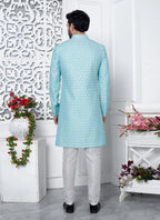 Raivat Ethnic Mens Art Silk Thread Work Indo Western In Blue Colour | Grocsy
