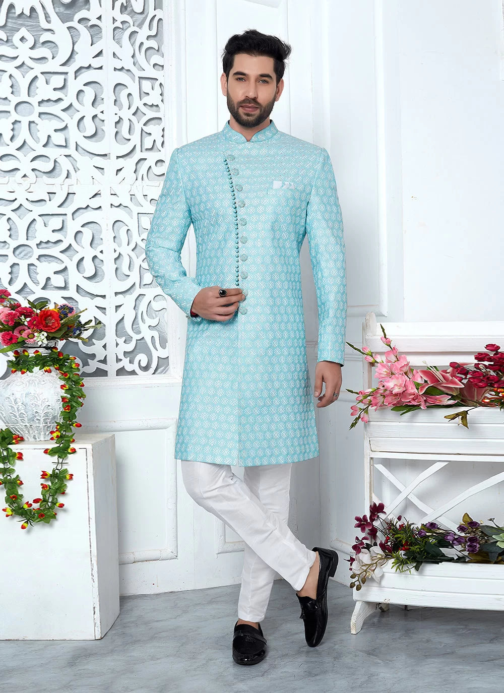 Raivat Ethnic Mens Art Silk Thread Work Indo Western In Blue Colour | Grocsy