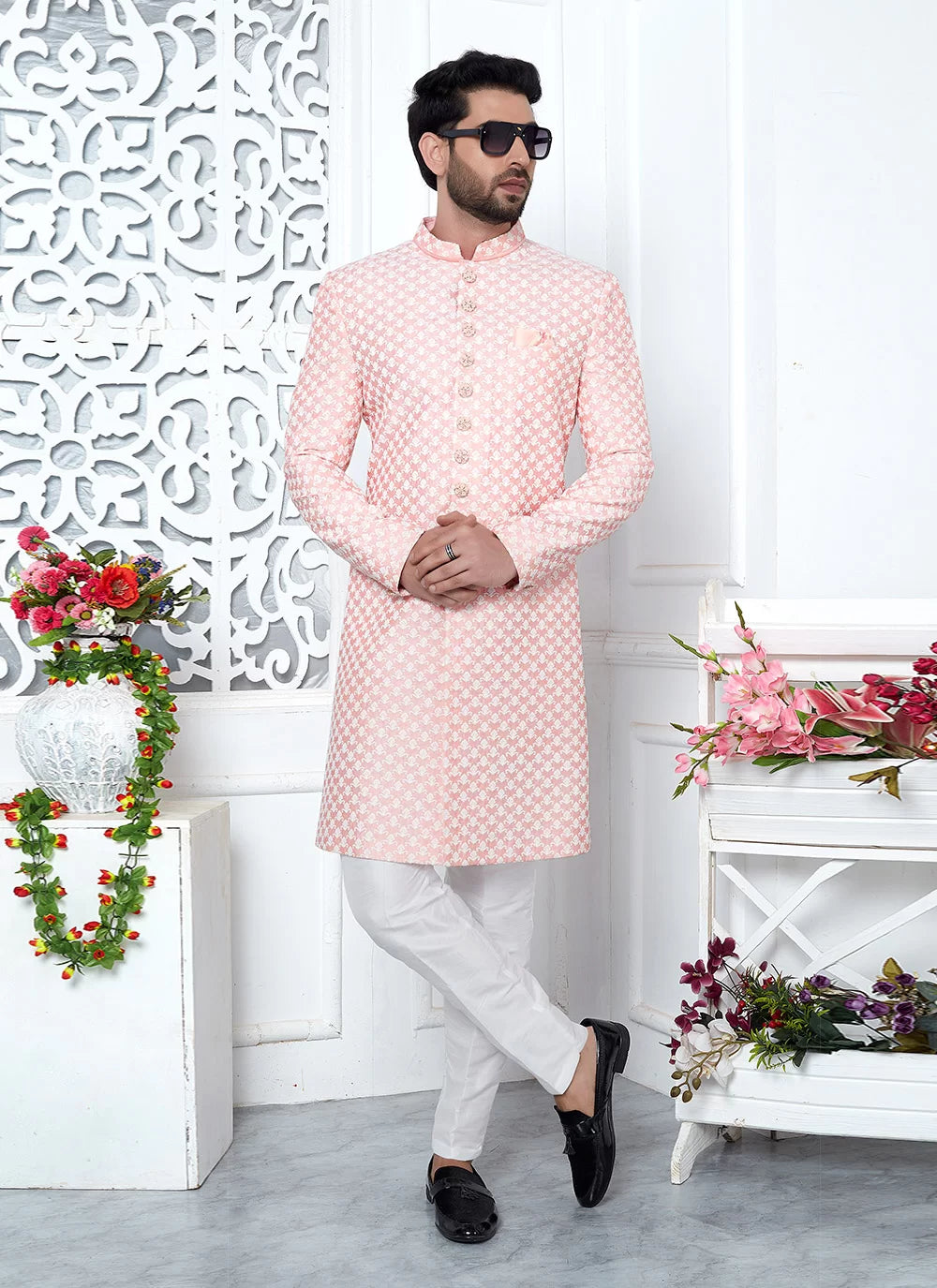 Raivat Ethnic Mens Art Silk Thread Work Indo Western In Peach Colour | Grocsy
