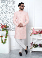 Raivat Ethnic Mens Art Silk Thread Work Indo Western In Peach Colour | Grocsy