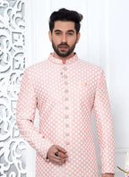 Raivat Ethnic Mens Art Silk Thread Work Indo Western In Peach Colour | Grocsy