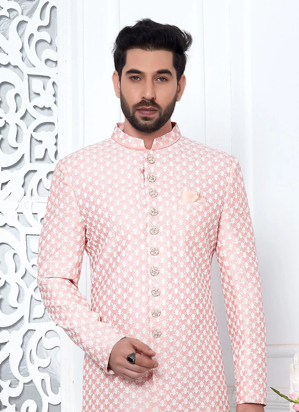 Raivat Ethnic Mens Art Silk Thread Work Indo Western In Peach Colour | Grocsy