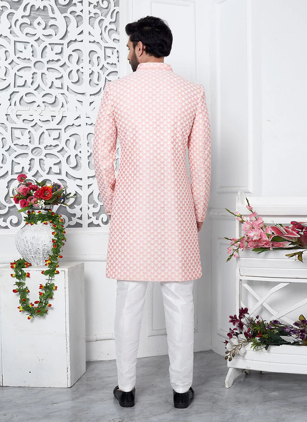 Raivat Ethnic Mens Art Silk Thread Work Indo Western In Peach Colour | Grocsy