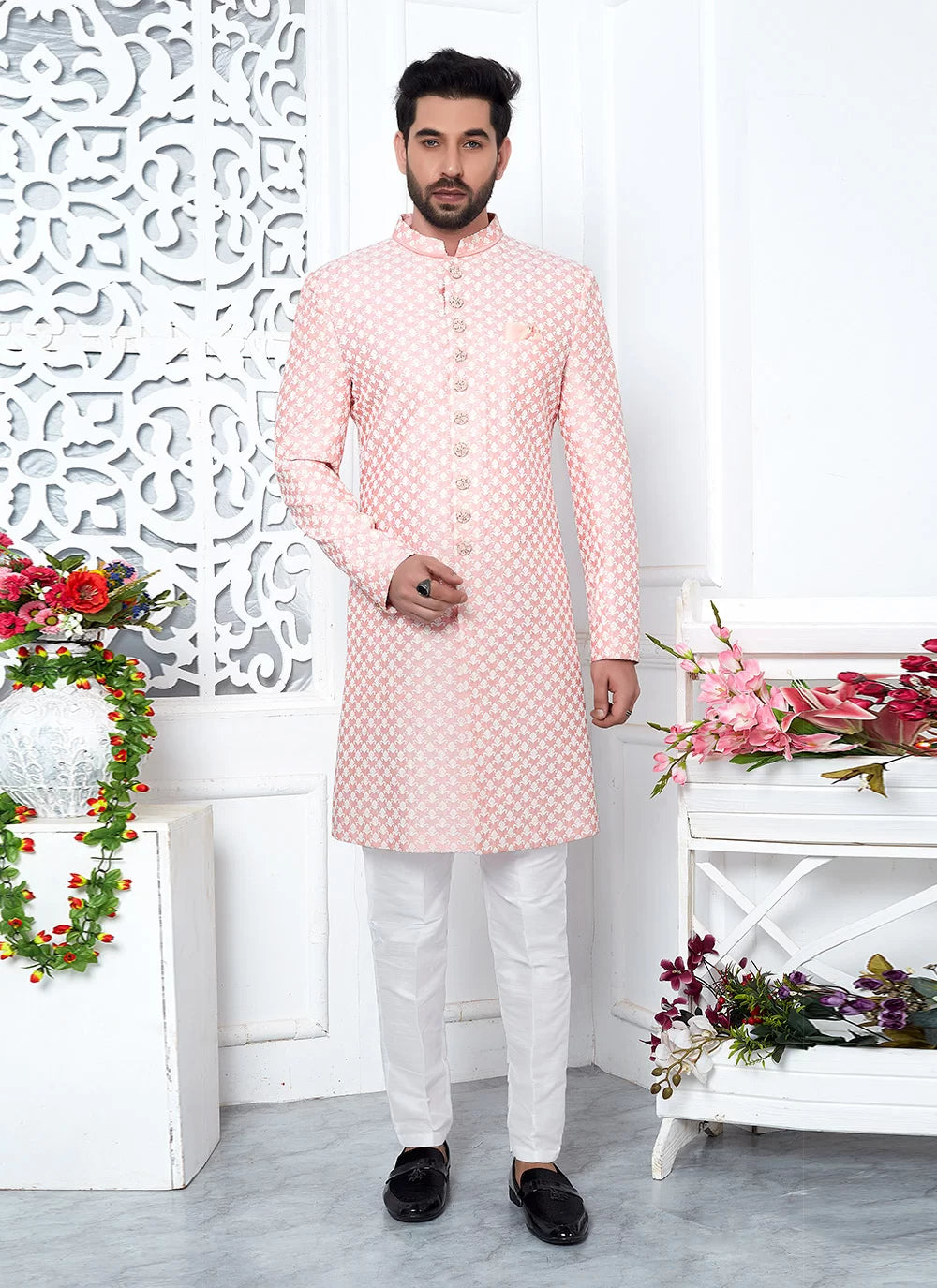 Raivat Ethnic Mens Art Silk Thread Work Indo Western In Peach Colour | Grocsy