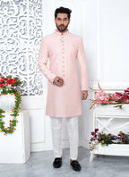 Raivat Ethnic Mens Art Silk Thread Work Indo Western In Peach Colour | Grocsy