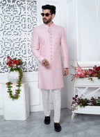 Raivat Ethnic Mens Art Silk Thread Work Indo Western In Pink Colour | Grocsy