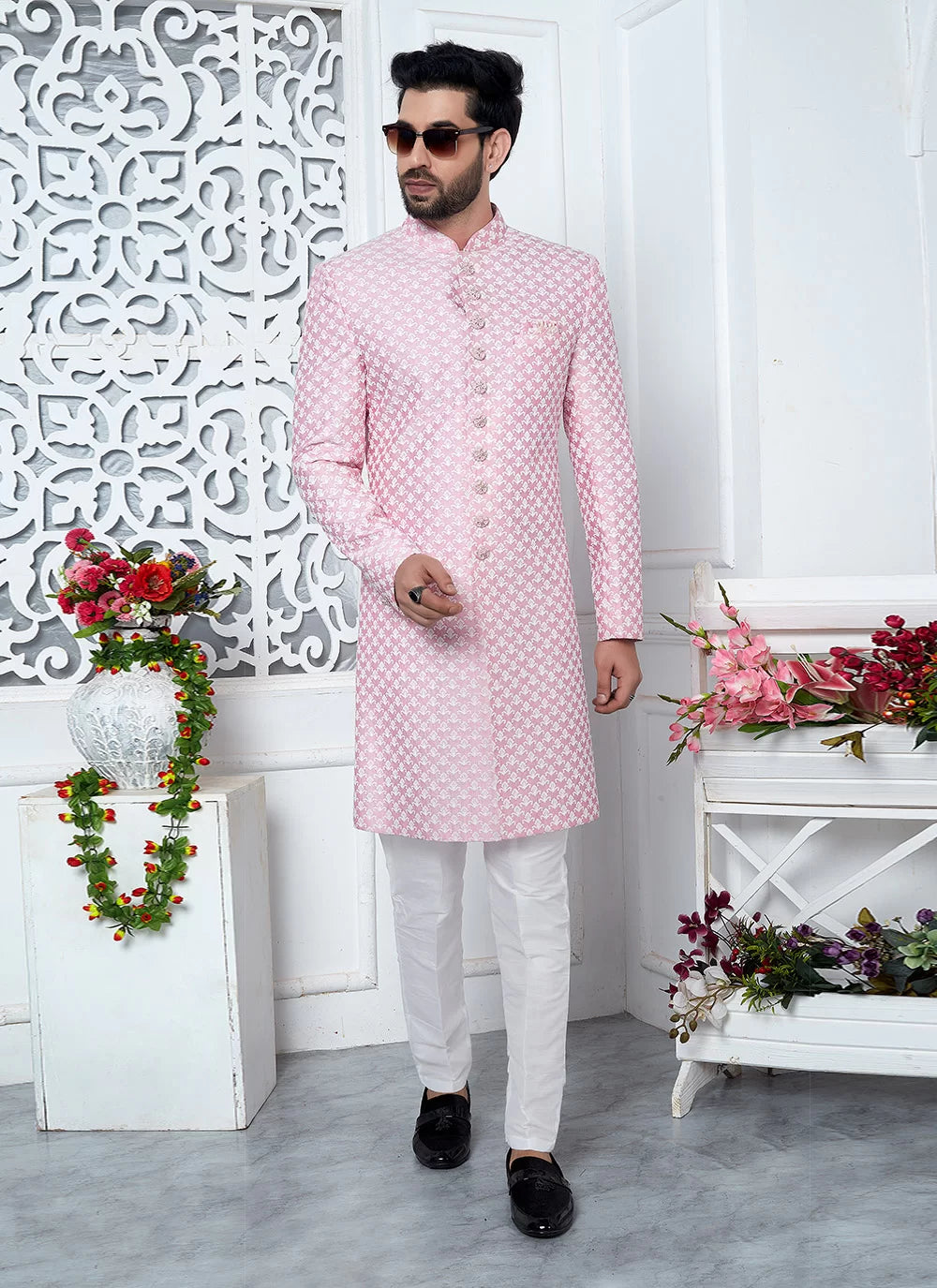 Raivat Ethnic Mens Art Silk Thread Work Indo Western In Pink Colour | Grocsy