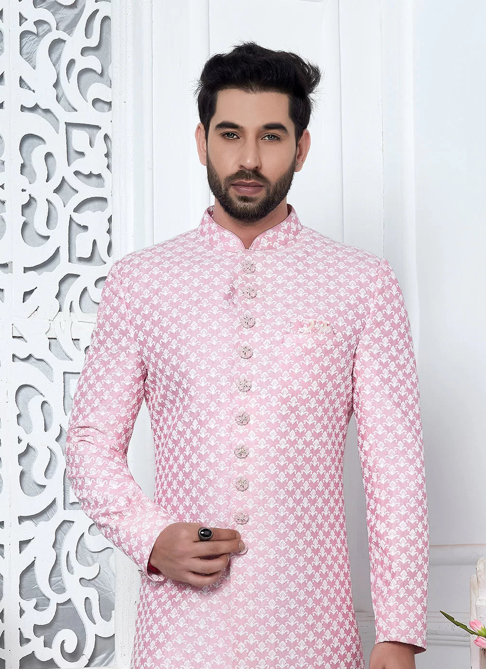 Raivat Ethnic Mens Art Silk Thread Work Indo Western In Pink Colour | Grocsy