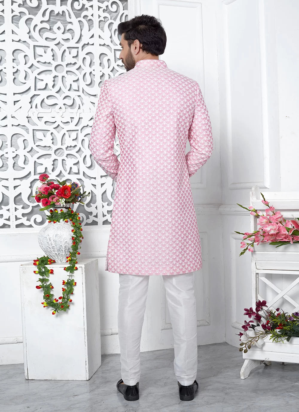 Raivat Ethnic Mens Art Silk Thread Work Indo Western In Pink Colour | Grocsy