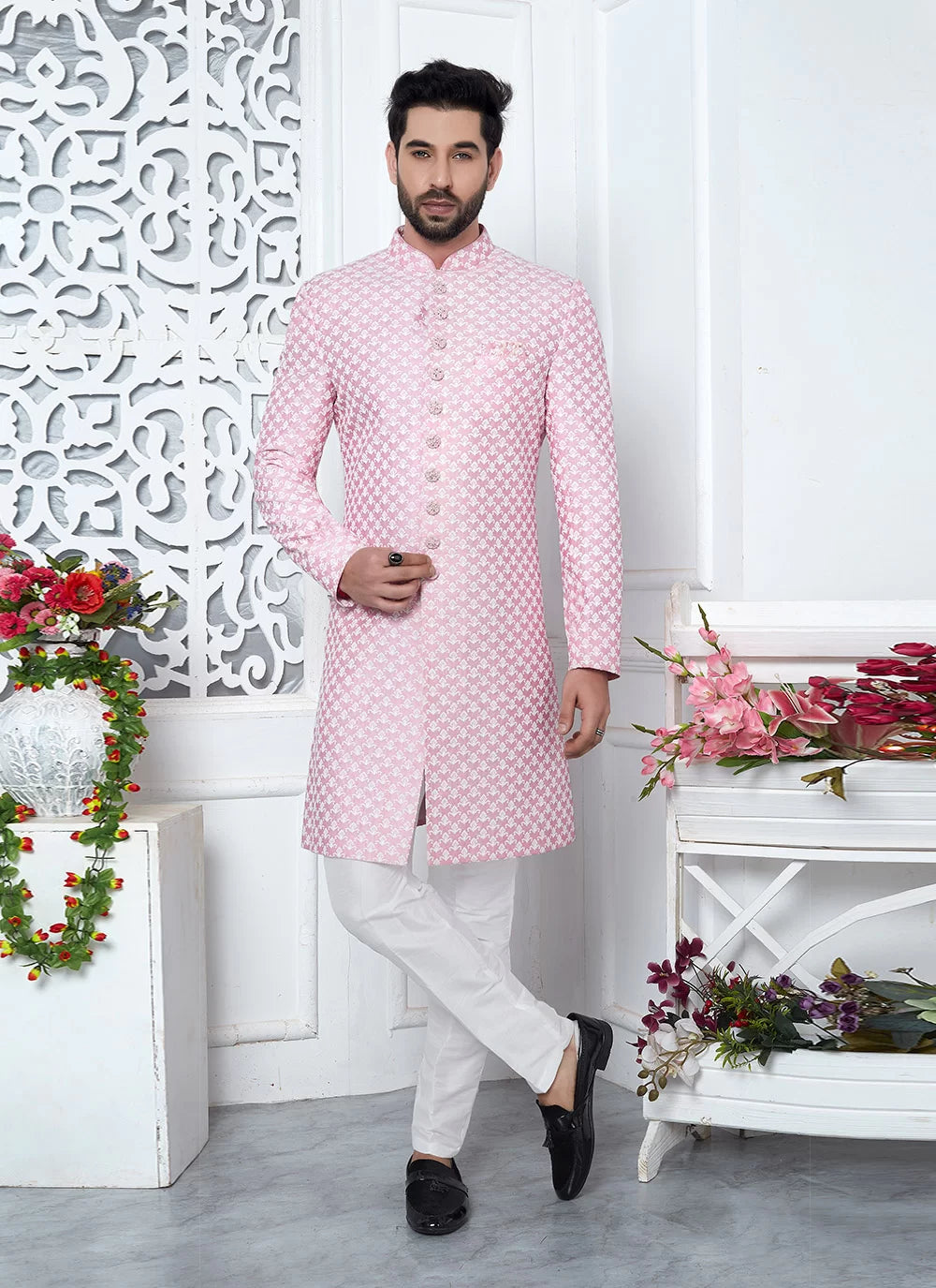 Raivat Ethnic Mens Art Silk Thread Work Indo Western In Pink Colour | Grocsy