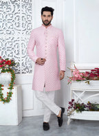 Raivat Ethnic Mens Art Silk Thread Work Indo Western In Pink Colour | Grocsy