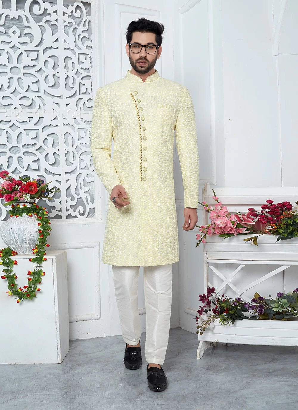Raivat Ethnic Mens Art Silk Thread Work Indo Western In Yellow Colour | Grocsy