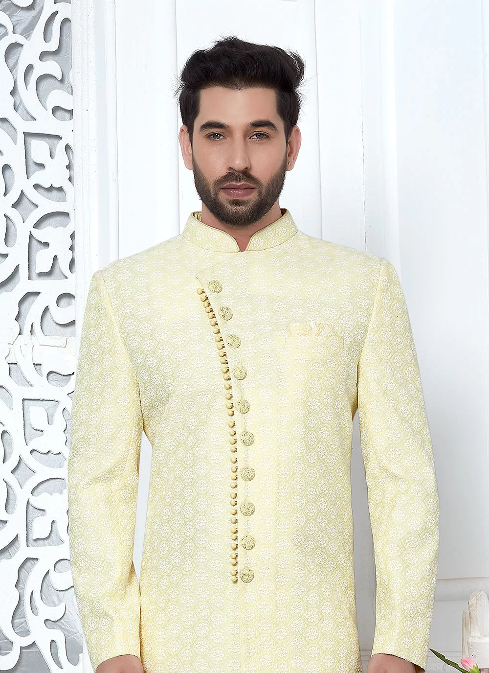 Raivat Ethnic Mens Art Silk Thread Work Indo Western In Yellow Colour | Grocsy