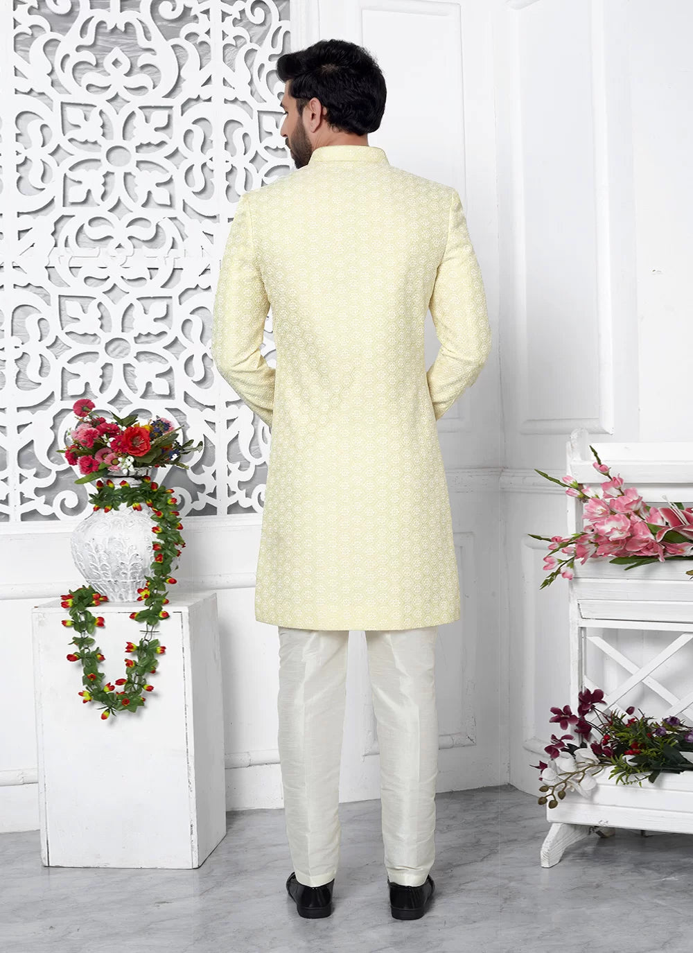 Raivat Ethnic Mens Art Silk Thread Work Indo Western In Yellow Colour | Grocsy