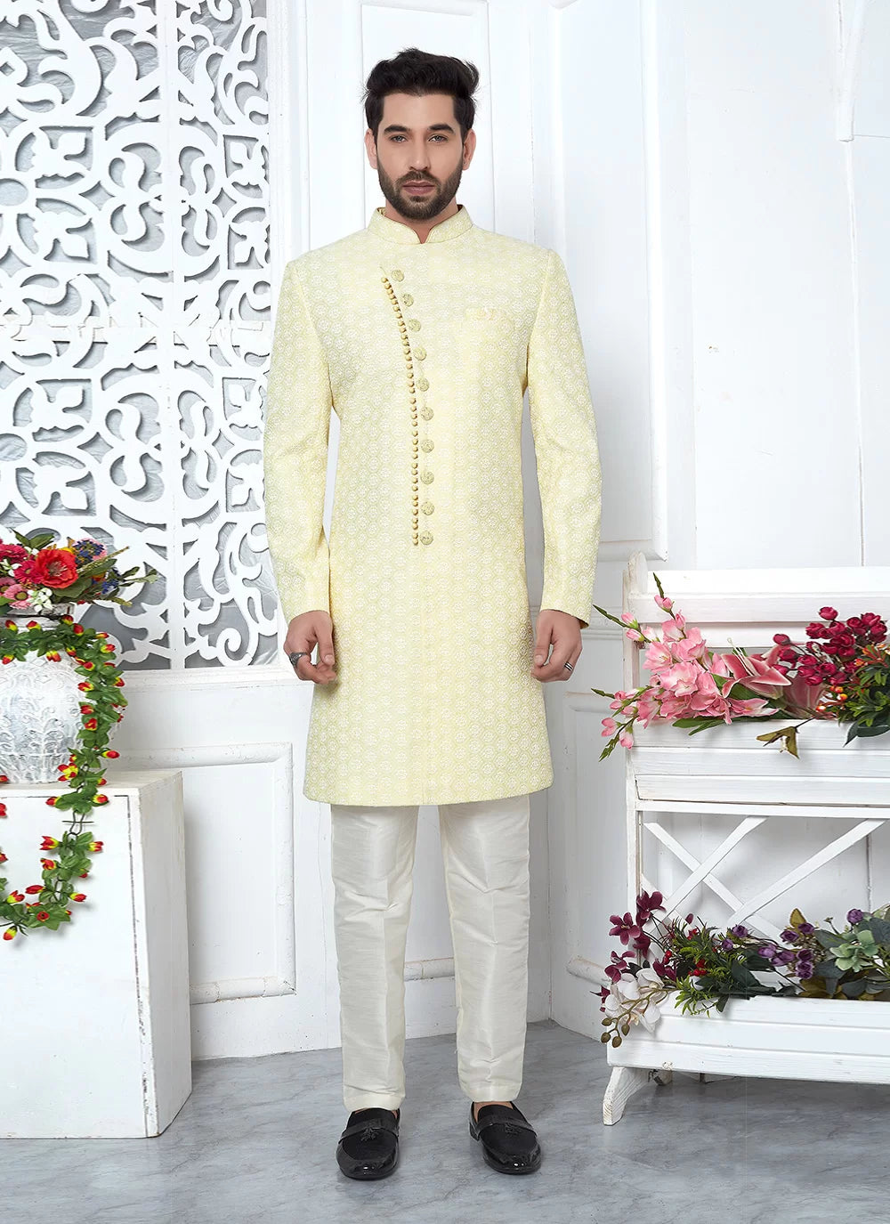 Raivat Ethnic Mens Art Silk Thread Work Indo Western In Yellow Colour | Grocsy