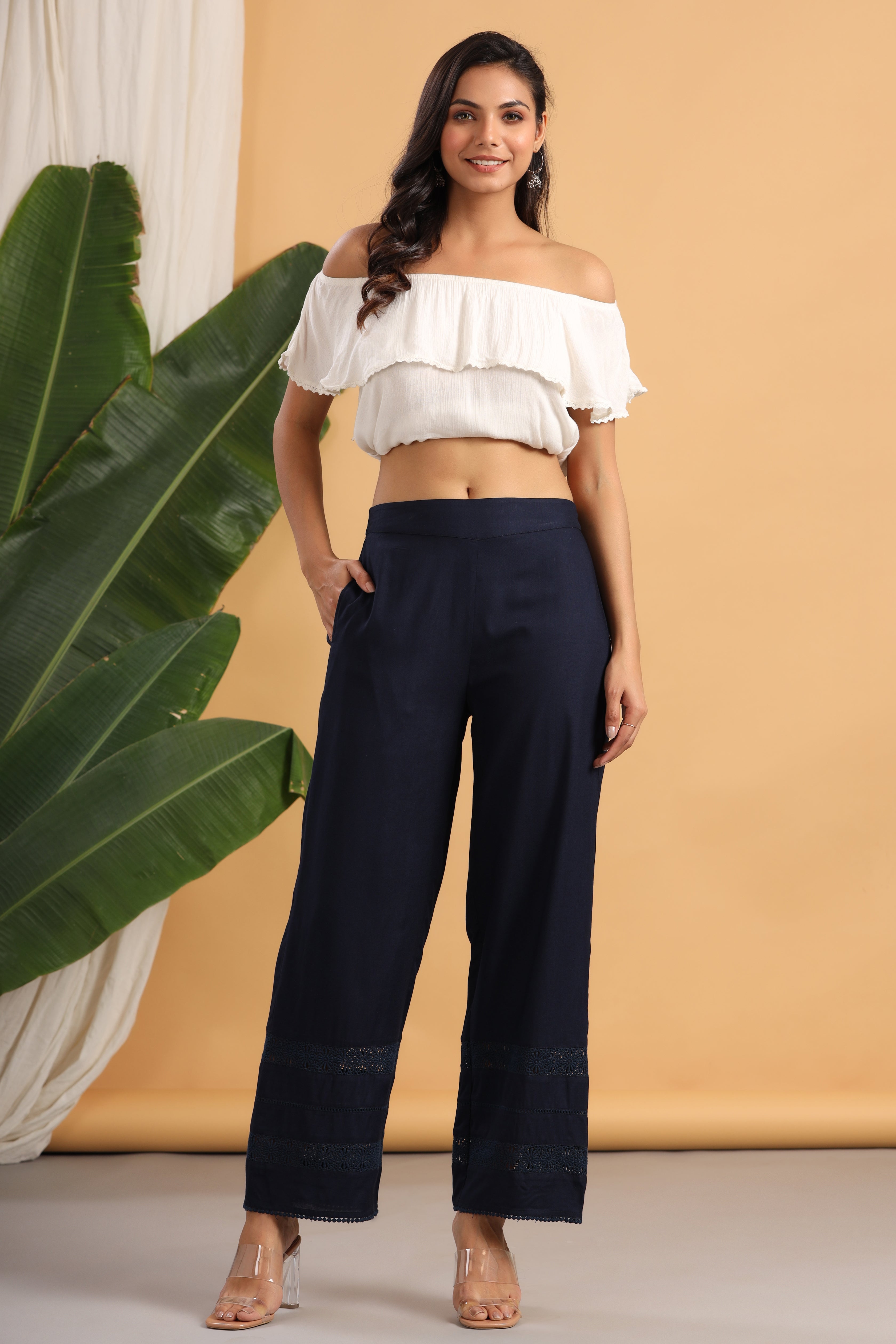 Juniper Navy Blue Solid Rayon Flared Ankle-Length Palazzo | Grocsy