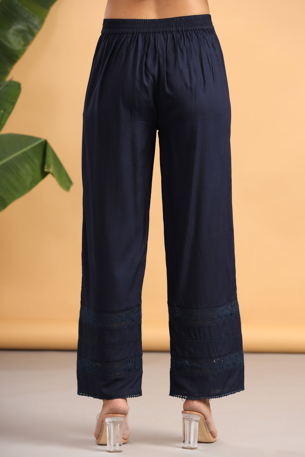 Juniper Navy Blue Solid Rayon Flared Ankle-Length Palazzo | Grocsy