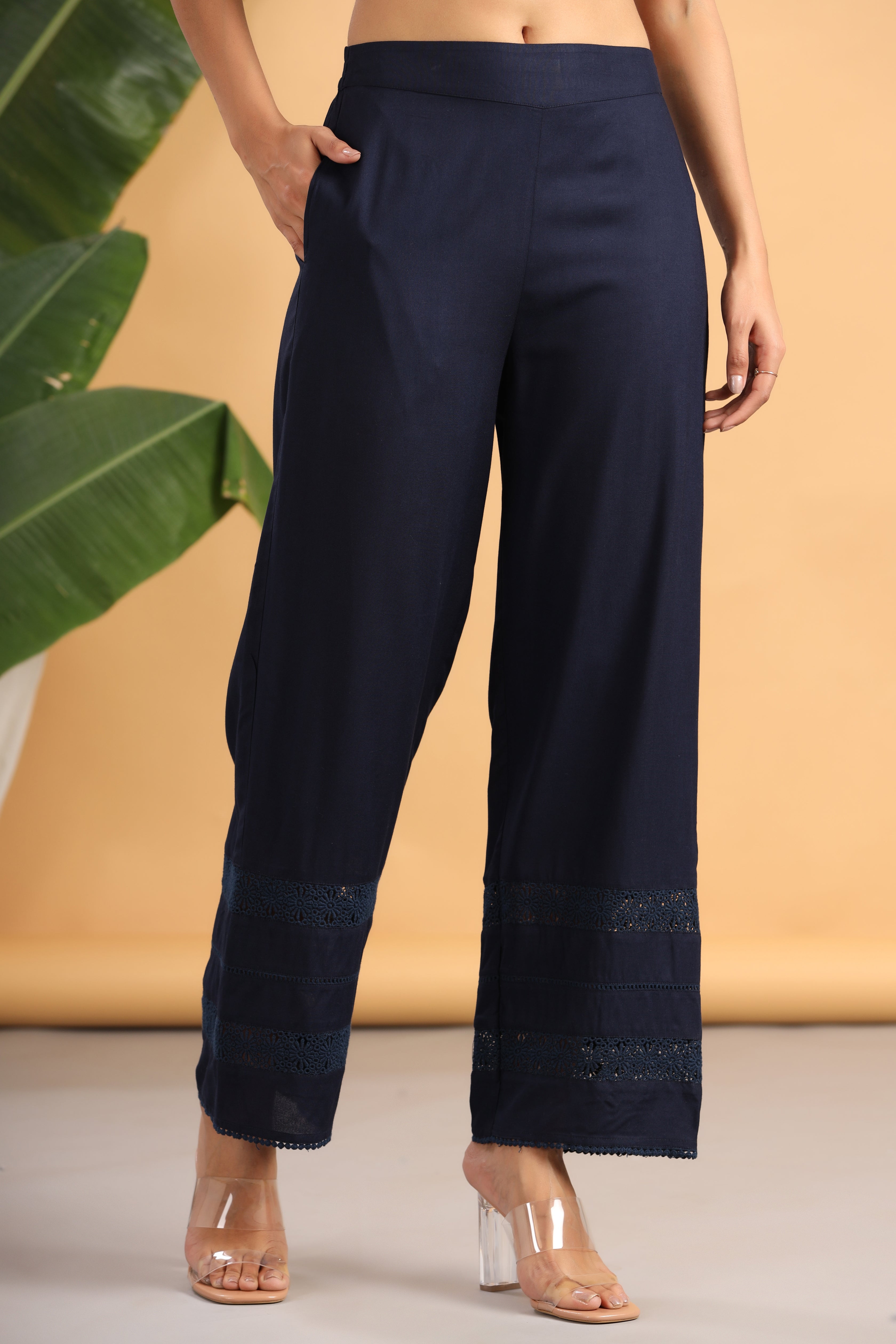 Juniper Navy Blue Solid Rayon Flared Ankle-Length Palazzo | Grocsy