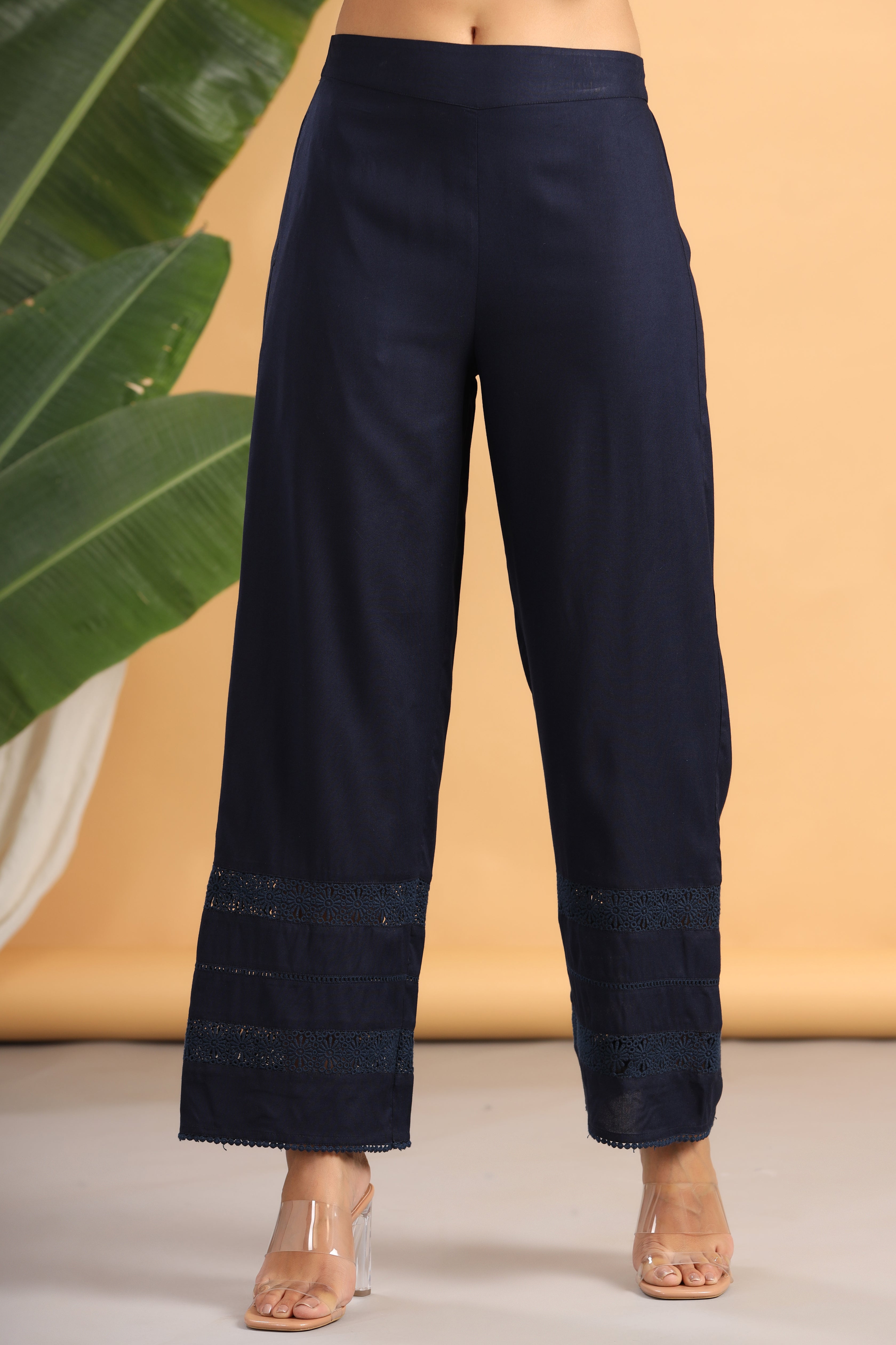 Juniper Navy Blue Solid Rayon Flared Ankle-Length Palazzo | Grocsy