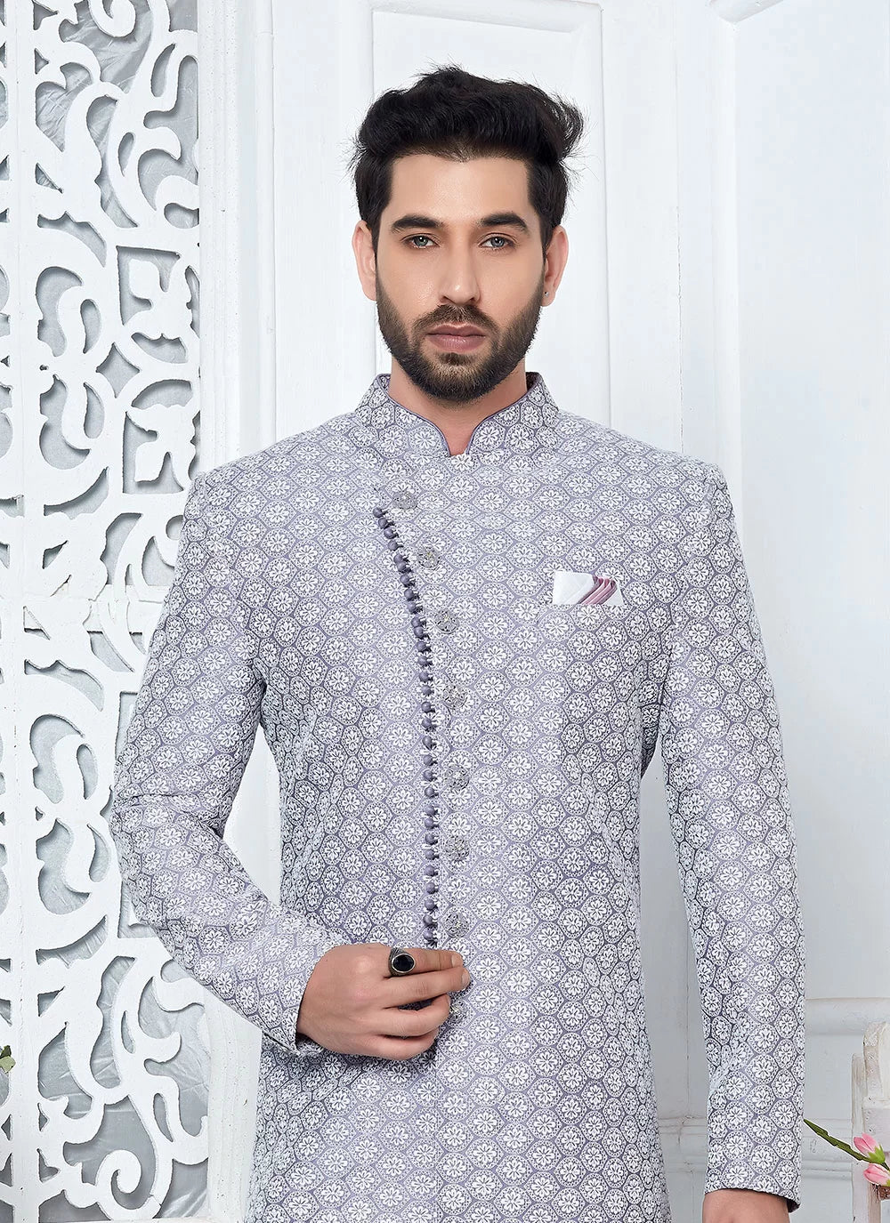 Raivat Ethnic Mens Art Silk Thread Work Indo Western In Purple Colour | Grocsy