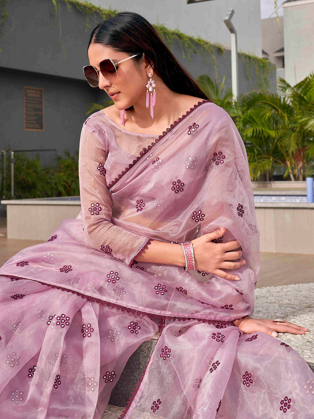 Tikhi Imli Ethnic Motifs Mirror Work Organza Saree | Grocsy