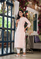 Juniper Women's Peach Ethnic Motif Printed Liva Rayon Kurta With Tassels & Buttons | Grocsy
