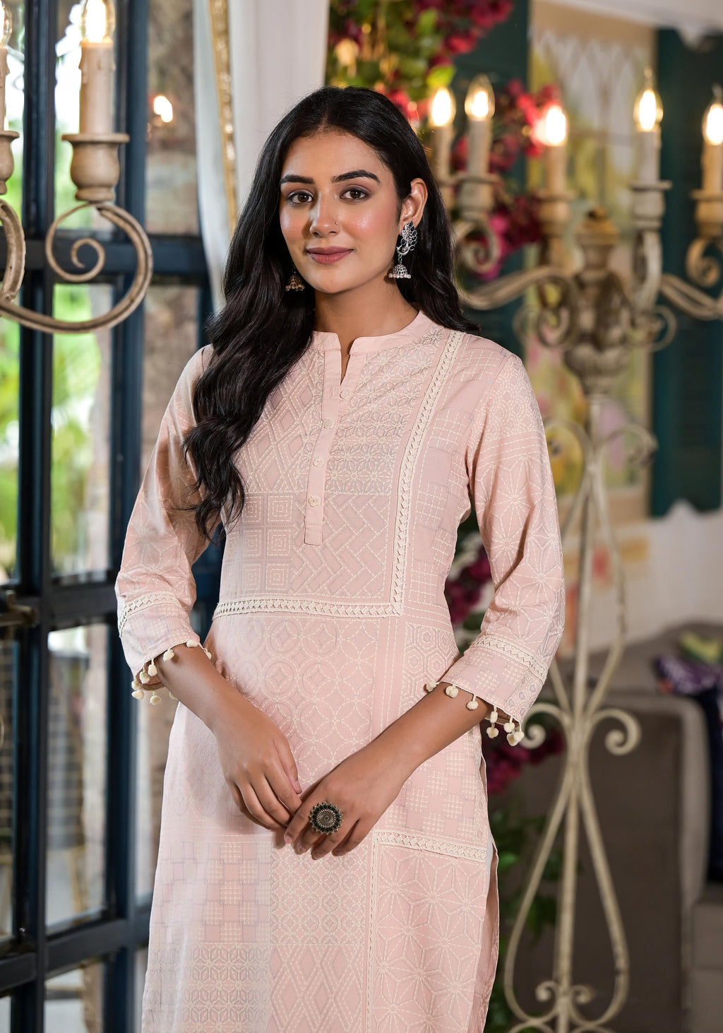Juniper Women's Peach Ethnic Motif Printed Liva Rayon Kurta With Tassels & Buttons | Grocsy
