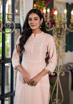 Juniper Women's Peach Ethnic Motif Printed Liva Rayon Kurta With Tassels & Buttons | Grocsy