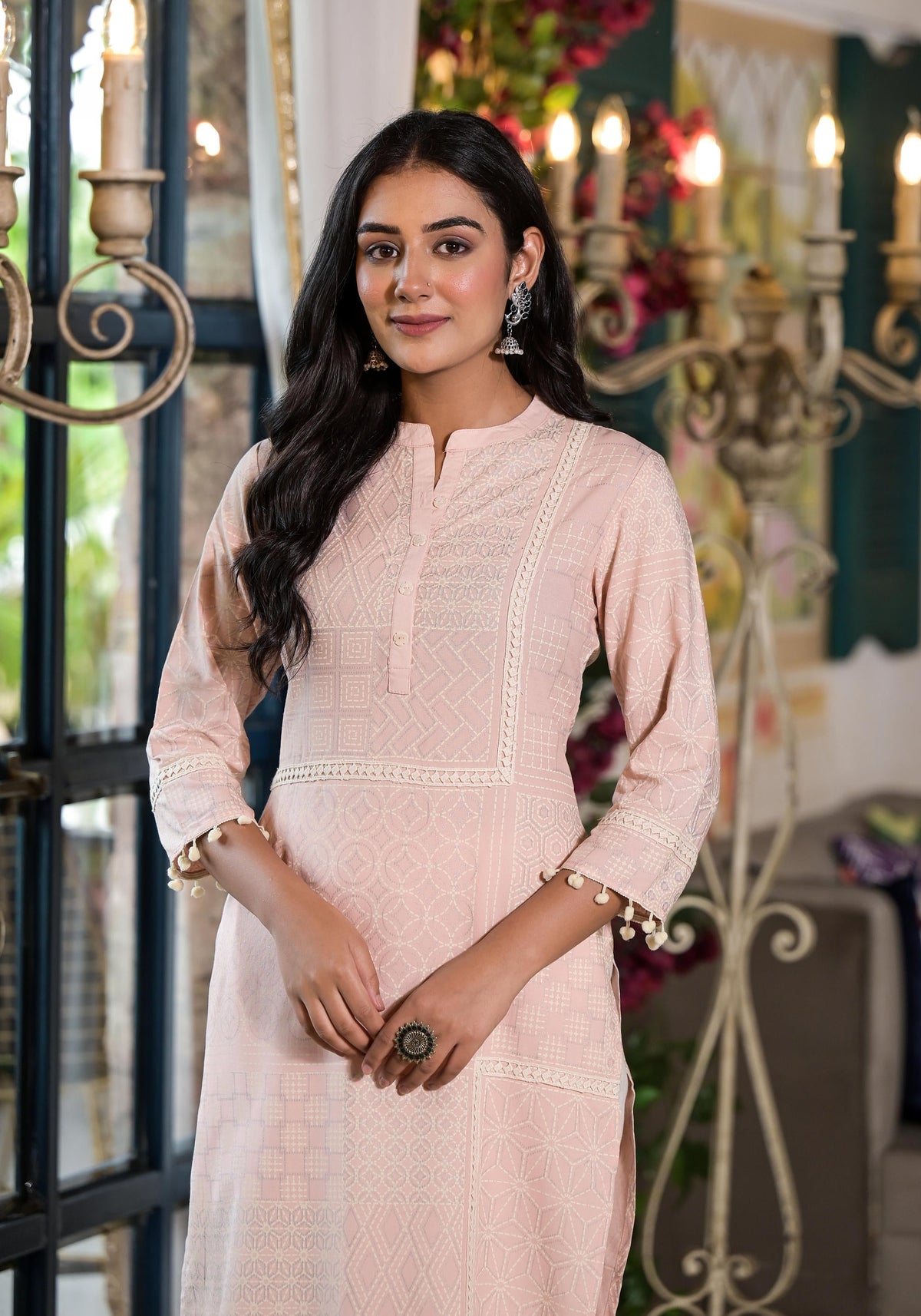 Juniper Women's Peach Ethnic Motif Printed Liva Rayon Kurta With Tassels & Buttons | Grocsy