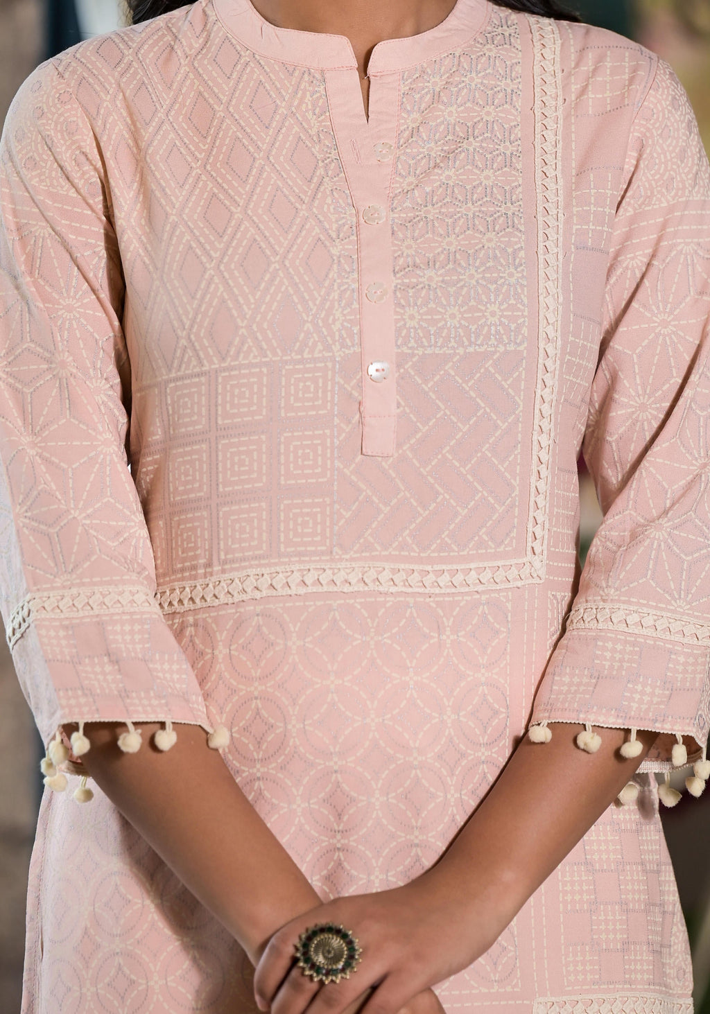 Juniper Women's Peach Ethnic Motif Printed Liva Rayon Kurta With Tassels & Buttons | Grocsy