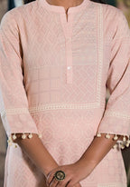 Juniper Women's Peach Ethnic Motif Printed Liva Rayon Kurta With Tassels & Buttons | Grocsy
